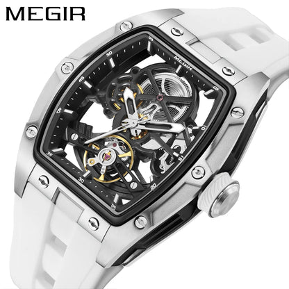 Montre mécanique pour homme MEGIR, forme tonneau, cadran squelette ajouré, style sportif, bracelet en silicone, montre automatique de luxe