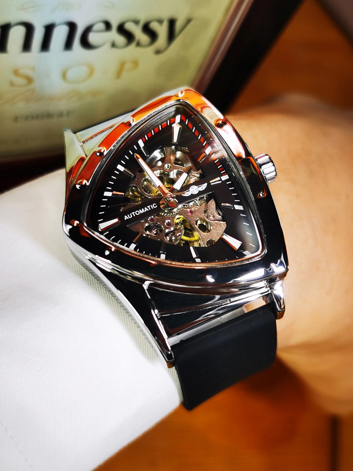 Ceas automat pentru bărbați WINNER, design scheletat triunghiular, ace luminescente, brățară din cauciuc, stil militar, ceas mecanic de lux