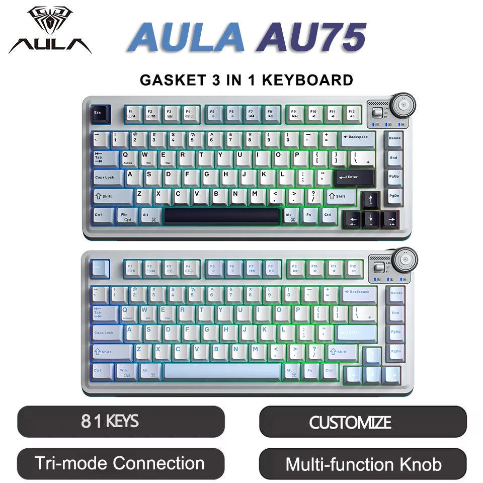 AULA AU75 E-Sports-Gaming-Mechanische Tastatur, Drei Modi, 81 Tasten, PBT-Tastenkappen, Hot-Swap-fähig, RGB, kabellose Tastatur für PC-Desktop und Tippen