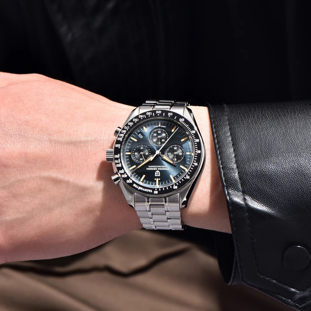 PAGANI DESIGN herenhorloge „New Moon“ – Luxe quartzhorloge, chronograaf, saffierglas met antireflectiebehandeling, keramische lunette, lichtgevende wijzers