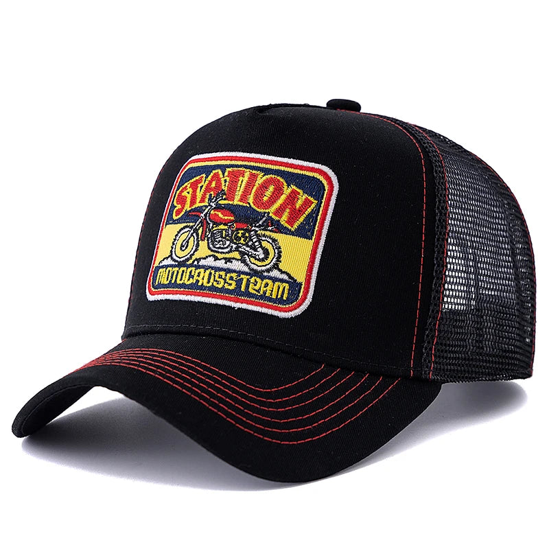 Hot Sale Unisex Mesh Trucker Hat Classic Motorcycle Pattern Breathable Summer Baseball Cap Streetwear Cap for Men Women