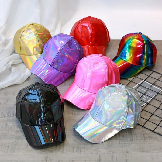 New Unisex PU Leather Laser Style Baseball Cap Street Hip Hop Hat Men Women Dazzling Colors Y2K Cap