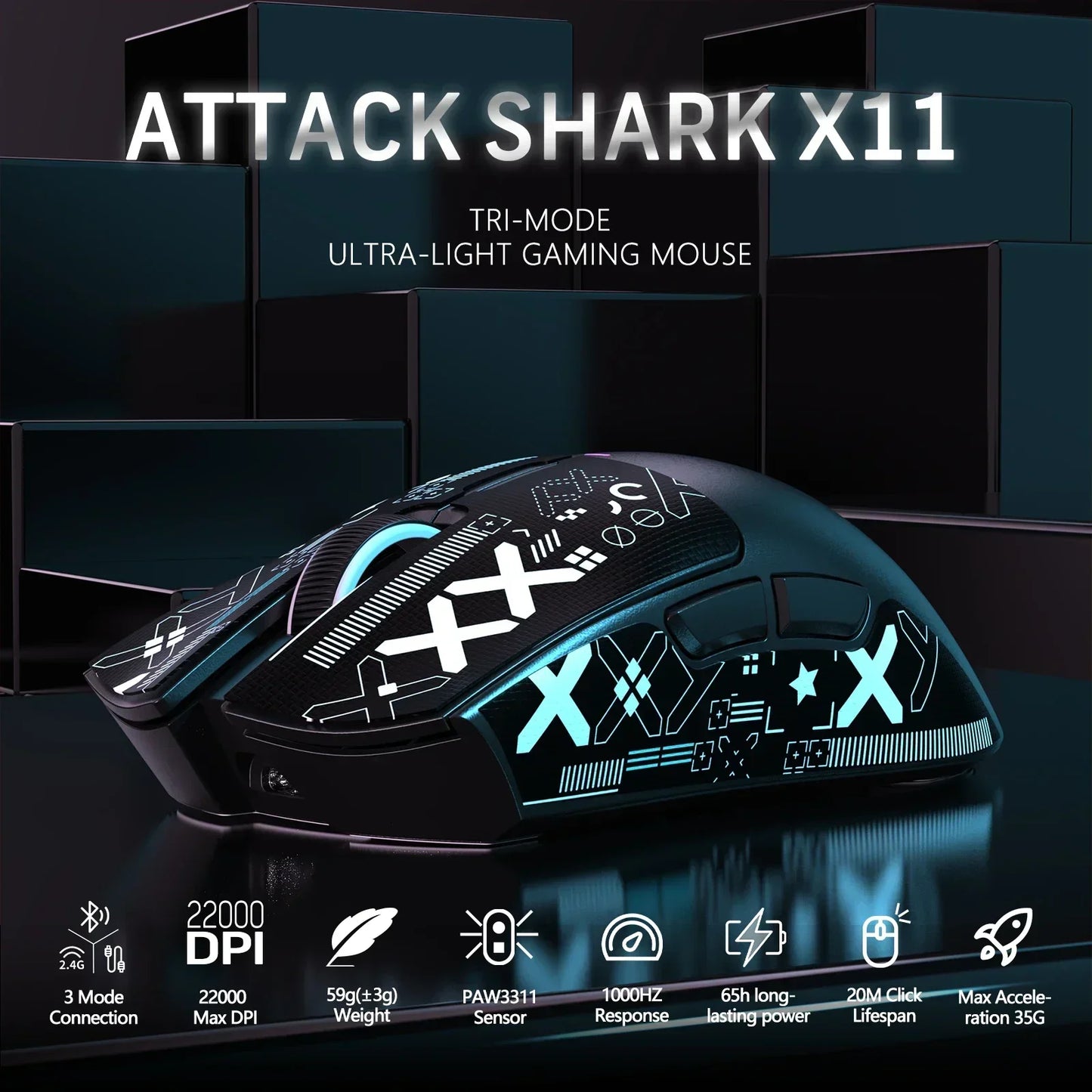 Rato Gaming Sem Fios Original ATTACK SHARK X11 com Dock de Carregamento, Sensor Gaming PixArt PAW3311, Ligação BT/2.4G Sem Fios/Com Fios