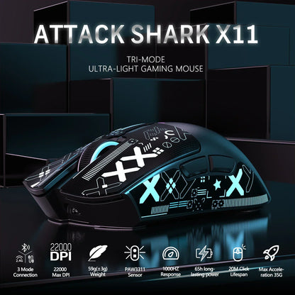Rato Gaming Sem Fios Original ATTACK SHARK X11 com Dock de Carregamento, Sensor Gaming PixArt PAW3311, Ligação BT/2.4G Sem Fios/Com Fios