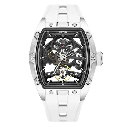 MEGIR Automatic Wristwatch Men Fashion Black Silicone Strap Wateproof Luminous Sport Mechanical Watch with Tonneau Dial 2242