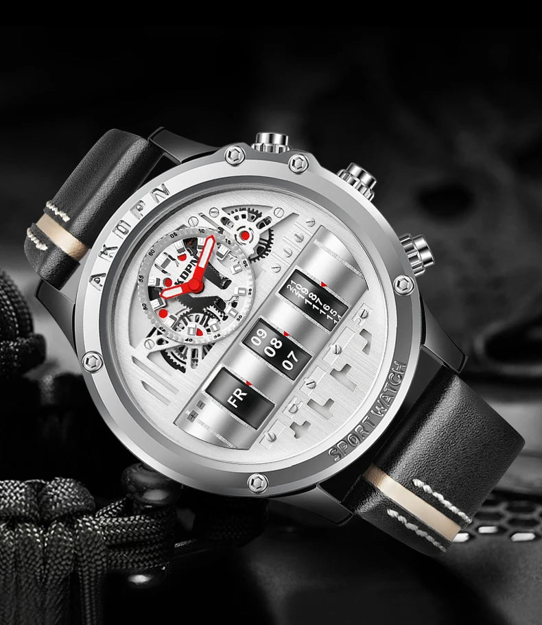 Luxury Electronic Quartz Watch For Men Business Watches Male Creative Men WristWatch Unique Rotate Date Leather Strap Watches
