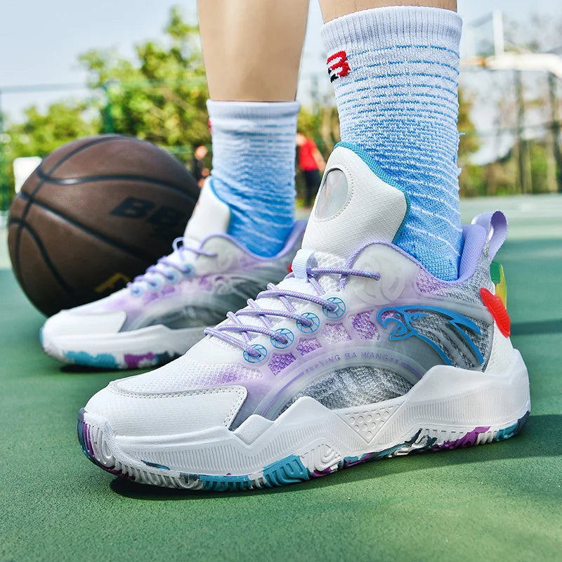 Chaussures de basket-ball unisexes, chaussures d'entraînement de compétition en plein air en maille tendance, bottes de basket-ball plates antidérapantes à rebond pour hommes