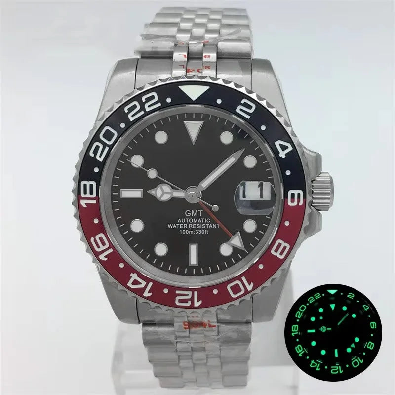 BLIGER 40mm NH34 GMT Watch For Men Mechanical Wristwatch Luminous Bezel Sapphire Glass Stainless Steel Bracelet Reloj Hombre