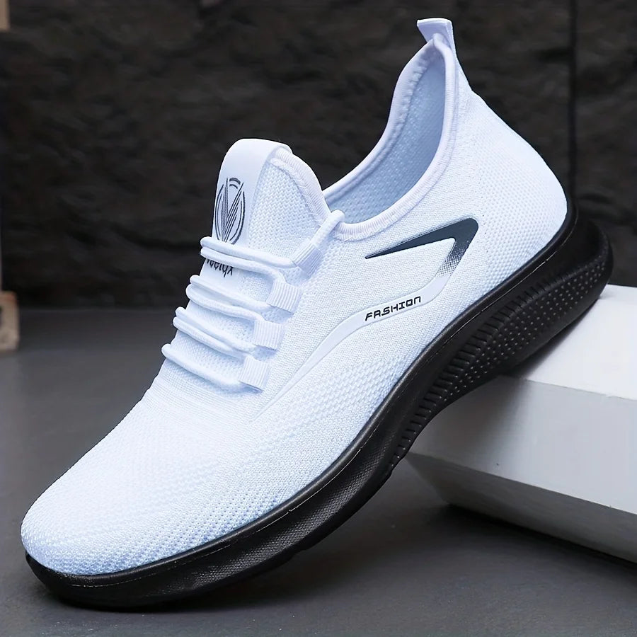 Baskets légères et respirantes en tricot pour hommes, chaussures d'entraînement antidérapantes pour la course à pied, basket-ball, chaussures de sport noires et blanches, semelle en PU