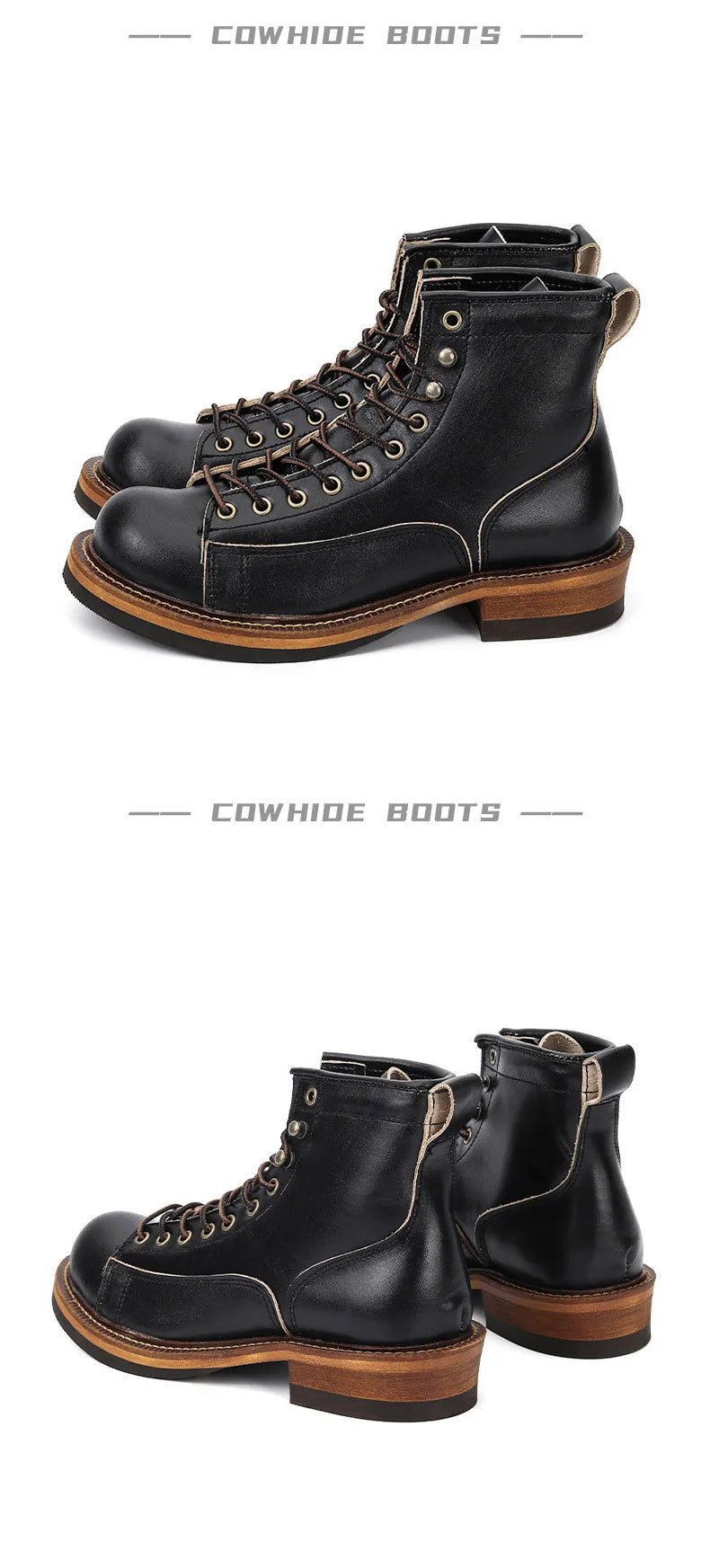 KOWM cowhide Hiking shoes men's walking boot British trekking shoes thick soled cowhide high top motorcycle boots ankle sneakers