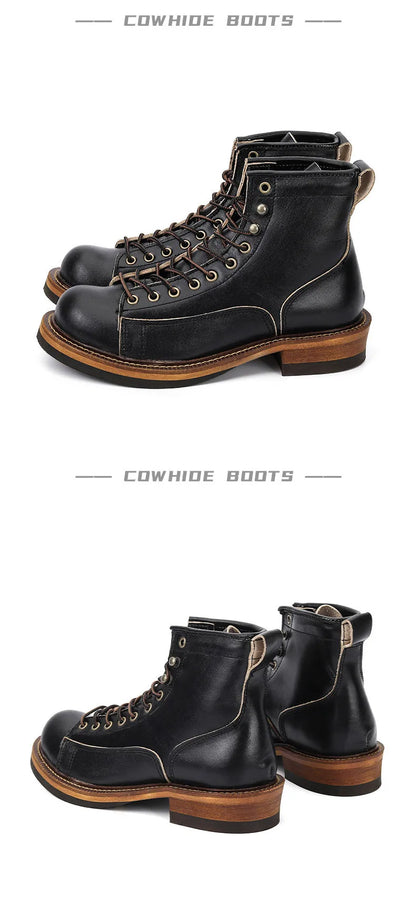 KOWM cowhide Hiking shoes men's walking boot British trekking shoes thick soled cowhide high top motorcycle boots ankle sneakers