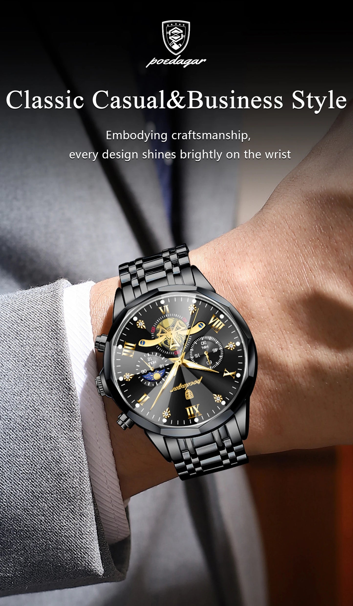 POEDAGAR Luxury Fashion Men Clock Waterproof Luminous Chronograph Male Watch Stainless Steel Quartz Business Men's Watches Reloj