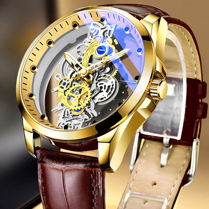 Trendové pánské hodinky, model s dvojitým víčkem, luxusní zlatý styl, imitace mechanického tourbillonu, quartzový strojek.