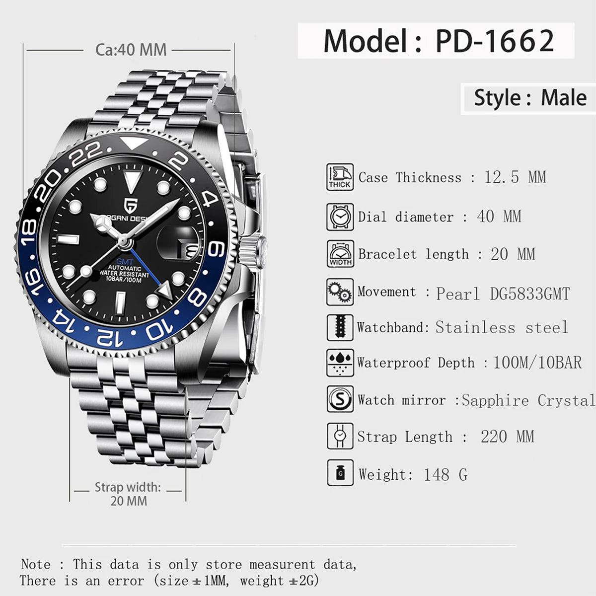 Relógio PAGANI DESIGN 40MM GMT para Homem, Luxo, Safira AR, Mecânico, Luneta em Cerâmica, Automático, 100M à Prova de Água, Relógio para Oferta