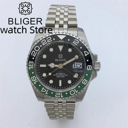 BLIGER 40mm NH34 GMT Watch For Men Mechanical Wristwatch Luminous Bezel Sapphire Glass Stainless Steel Bracelet Reloj Hombre