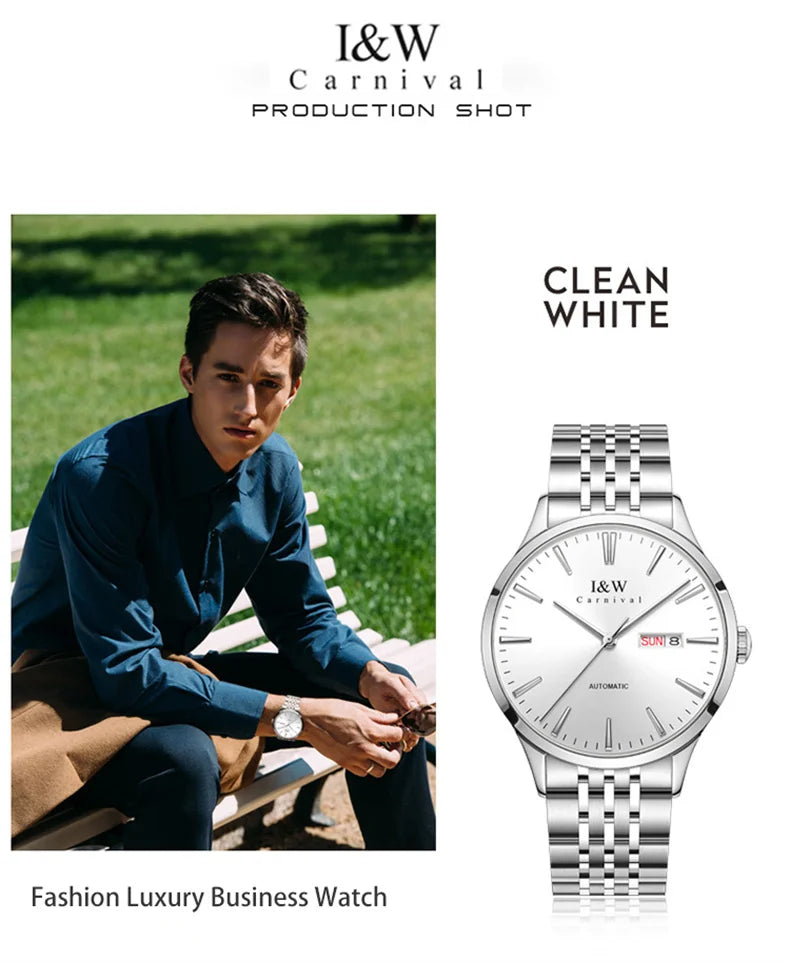 Carnival High-end Series I&W Brand Automatic Mechanical Watches Men Waterproof Watches 316L Steel Sapphire Business Men's Watch