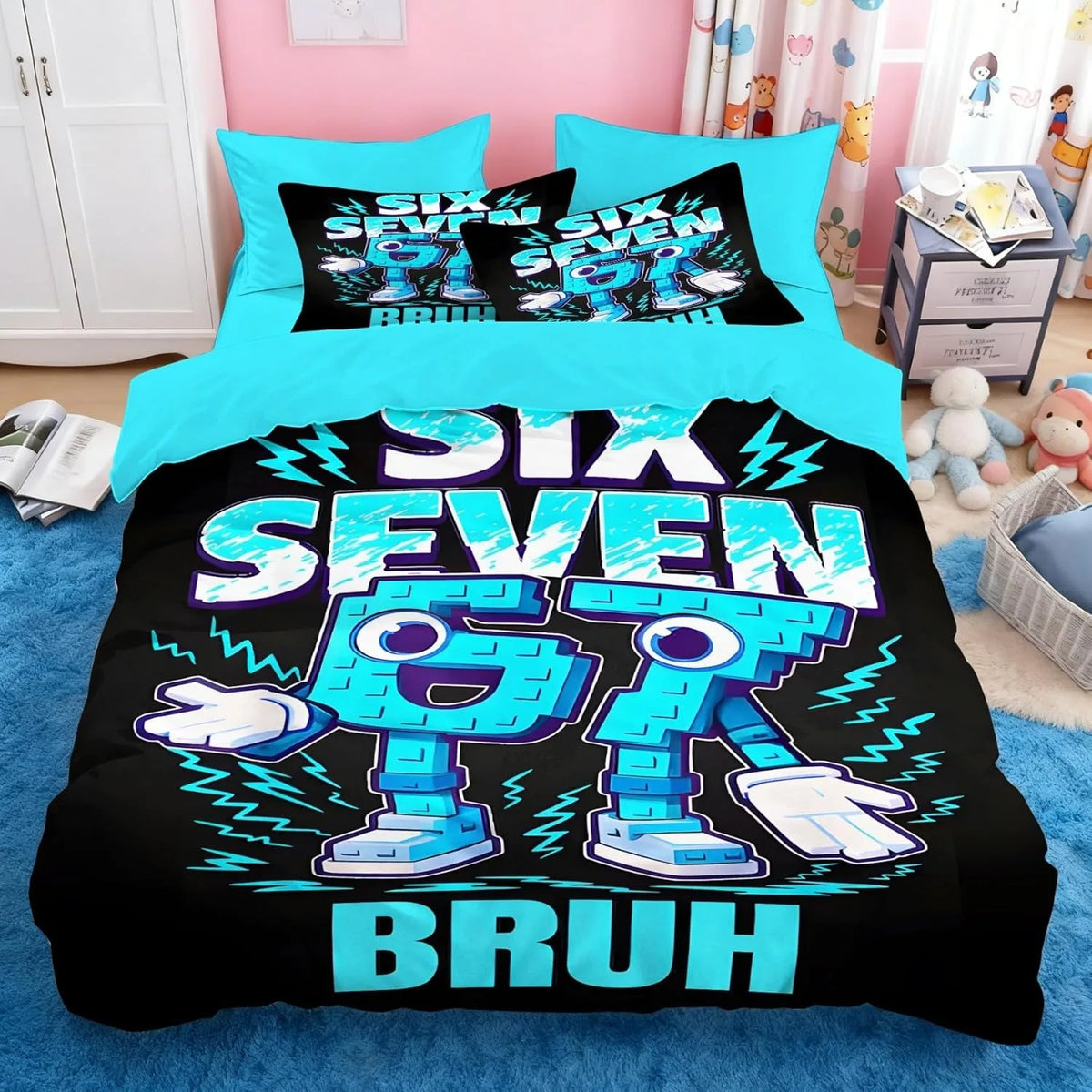 Ensemble de literie Cartoon Print Six Seven 67, 2/3 pièces, housse de couette et taie d'oreiller pour la maison, adolescents et adultes, cadeau pour garçons et filles