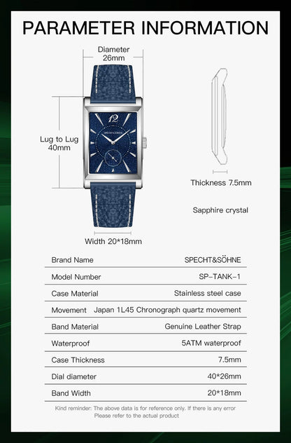 Specht & Söhne 2025 New fashion Square Watch For Men Chronograph Sports Watches Stainless Steel Sapphire Crystal 50M Waterproof