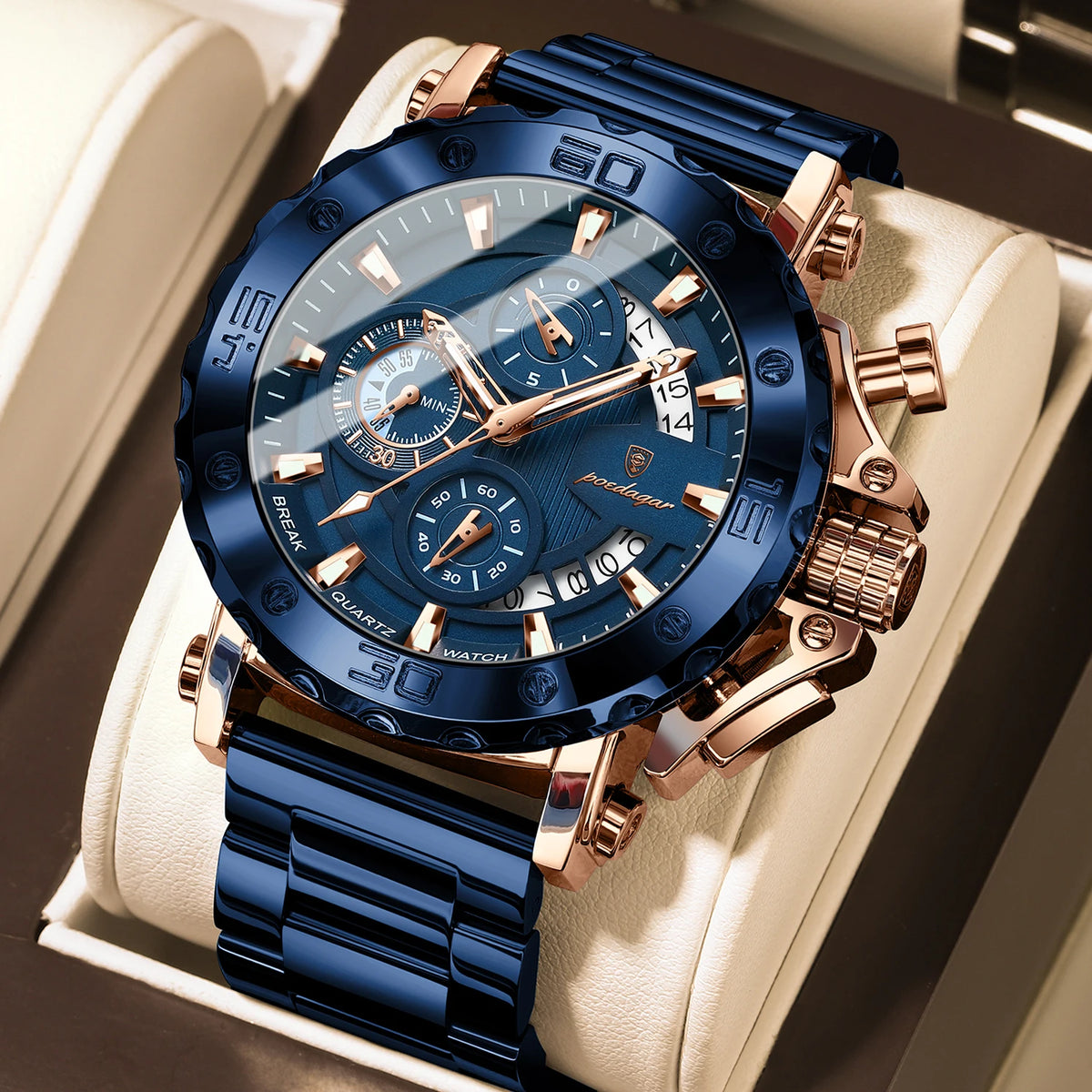 Luxusní pánské hodinky POEDAGAR, s luminiscenčními ručičkami, vodotěsné, chronograf, datum, nerezová ocel, quartz, Reloj