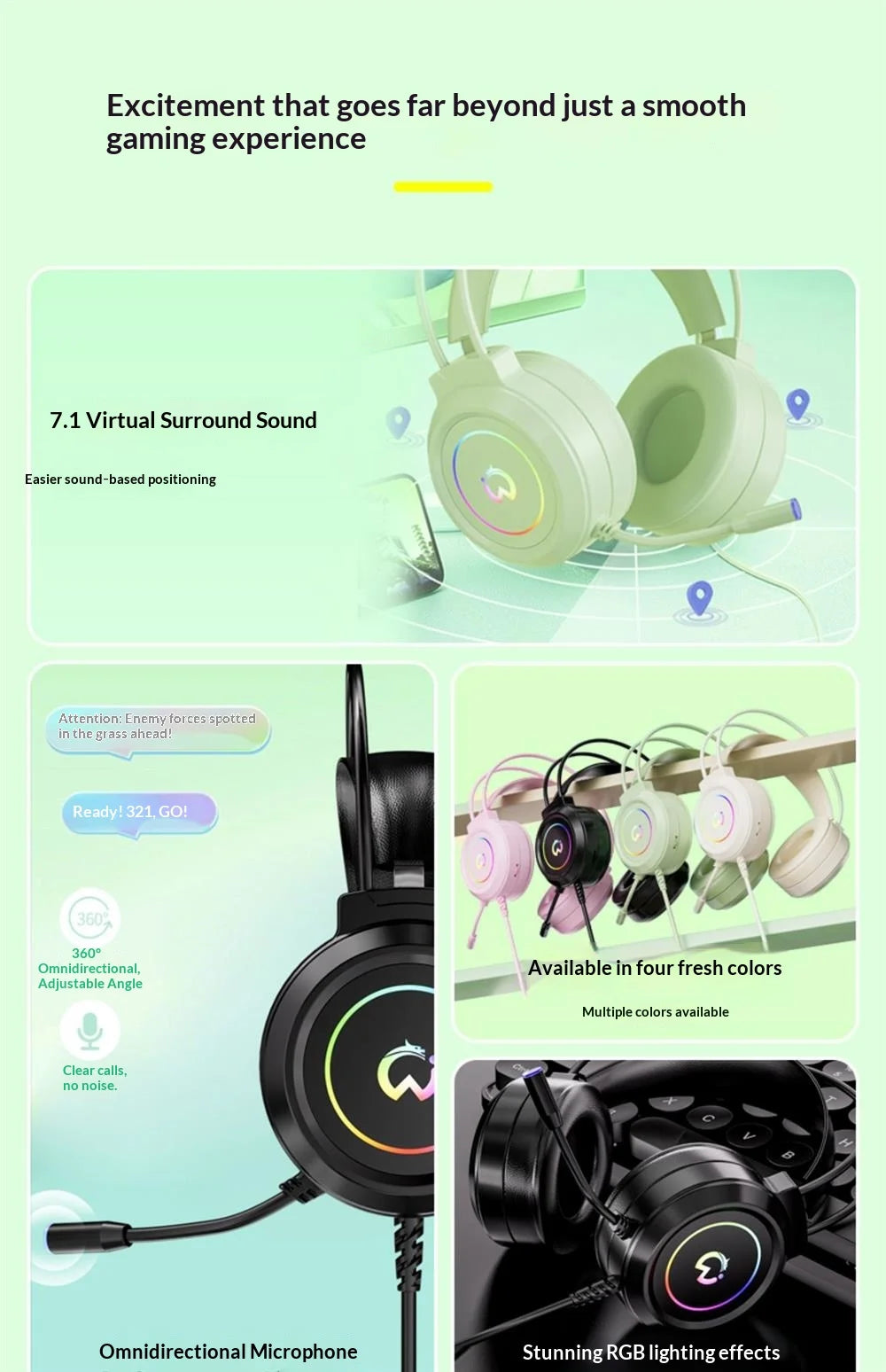 Casque de jeu filaire Paw Hunter T9 avec microphone et éclairage RGB, son surround virtuel 7.1, casque supra-auriculaire pour PC, ordinateur portable et jeux.