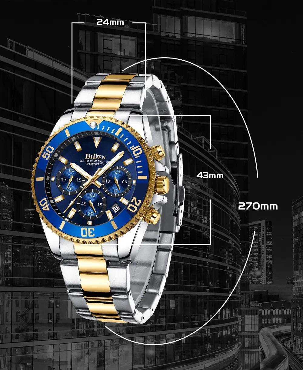 BIDEN Multi functional men's quartz watch luxury waterproof night light business style diving series casual fashion watch