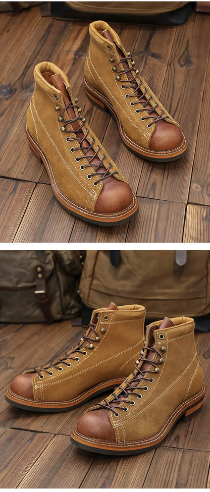 KOWM cowhide Hiking shoes men's walking boot British trekking shoes thick soled cowhide high top motorcycle boots ankle sneakers