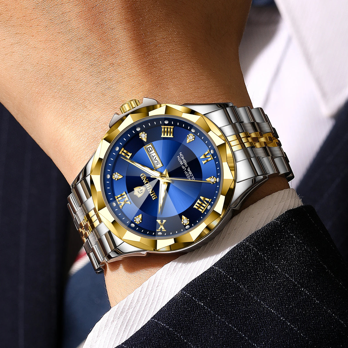 Montre à quartz pour homme BINBOND – Montre-bracelet de luxe, lumineuse et étanche, avec affichage du jour de la semaine et date automatique.