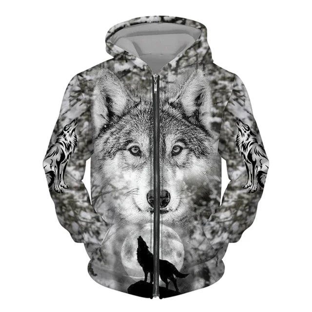 New 3D Wolf Print Men's Hooded Sweatshirt Street Punk Style Zip-up Jumper Oversized Jacket Coat Stylish Vintage Clothes Zip Coat