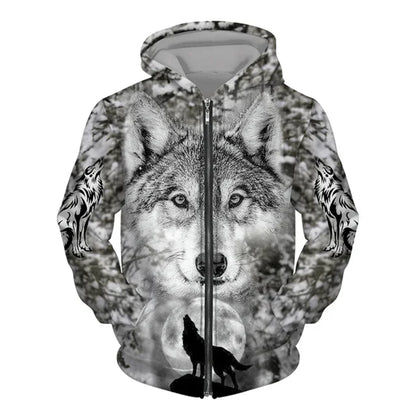 New 3D Wolf Print Men's Hooded Sweatshirt Street Punk Style Zip-up Jumper Oversized Jacket Coat Stylish Vintage Clothes Zip Coat