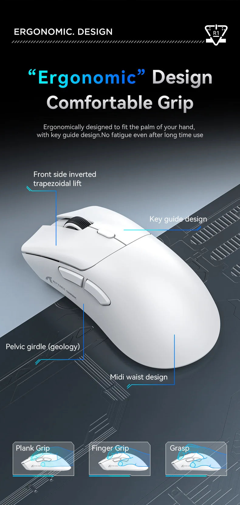 Mouse gaming wireless Attack Shark R1 leggero Bluetooth 2.4G PAW3311 18000DPI ergonomico con macro