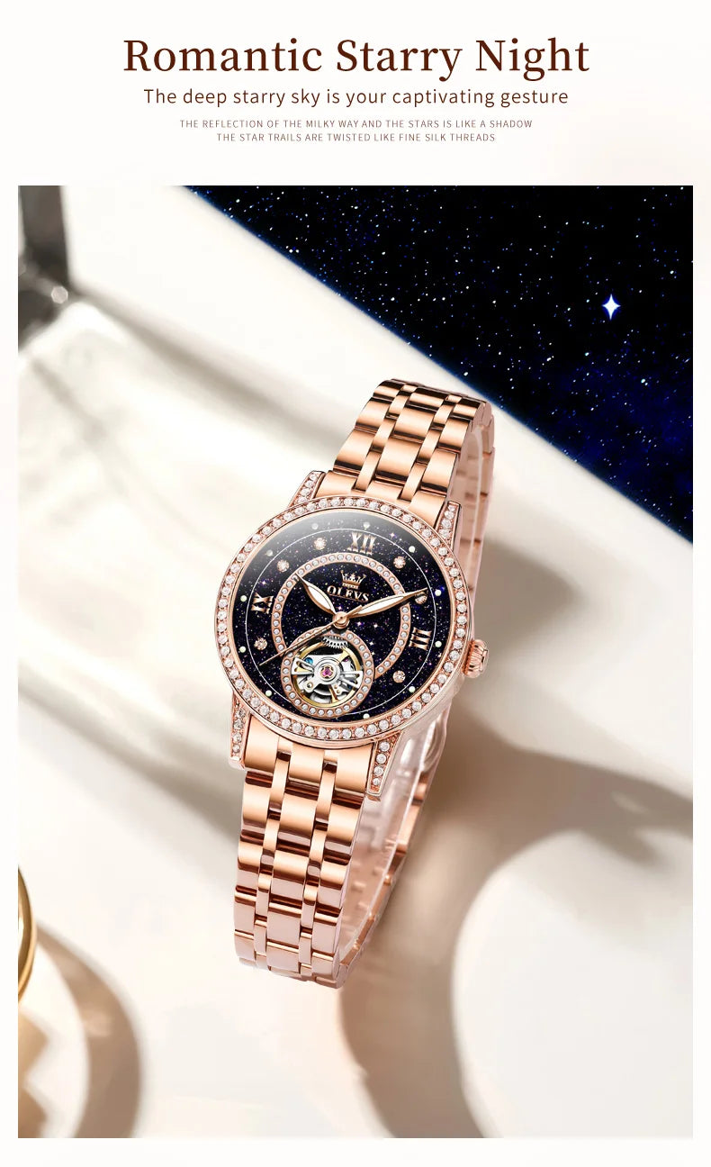 OLEVS Women’s Luxury Automatic Skeleton Watch  Starry Sky Stainless Steel Mechanical Wristwatch