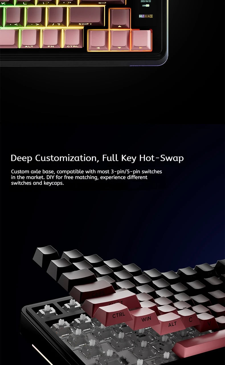 AULA S75 PRO Mechanical Keyboard 75% Custom Layout RGB Backlight Wireless Bluetooth Gaming Keyboard with Screen Knob