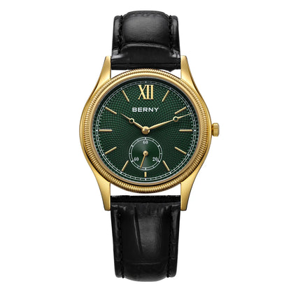 BERNY Luxury Watches for Men Classic Elegance Slim Dress Gold Quartz Men's Watch Leather Strap Fashion Business Wristwatch