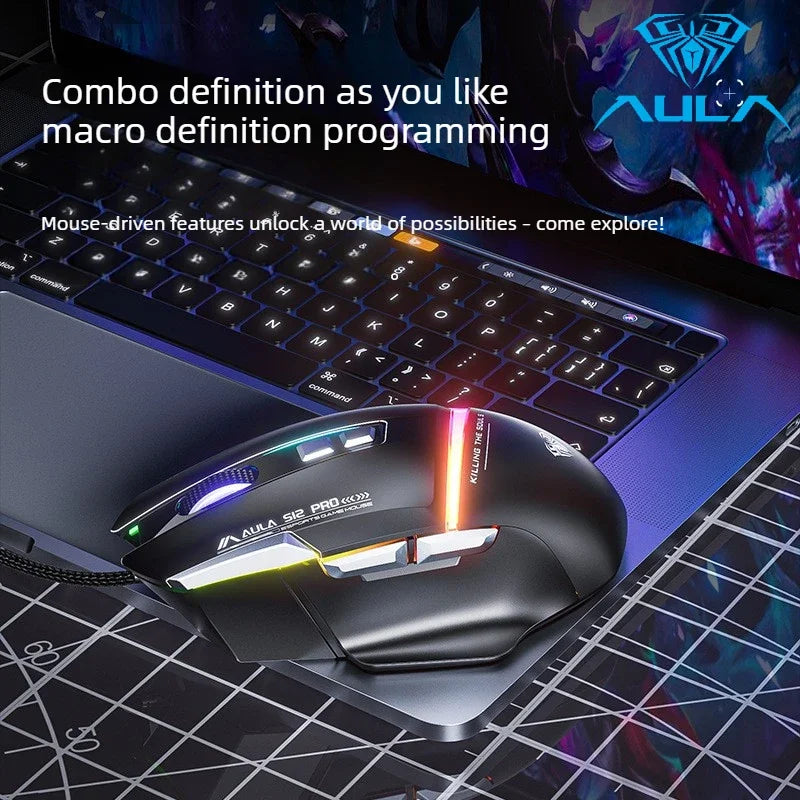 Akční nabídka AULA S12 Pro drátová herní myš 12800 DPI s RGB podsvícením, 8 programovatelnými tlačítky a ergonomickým designem pro PC a notebooky