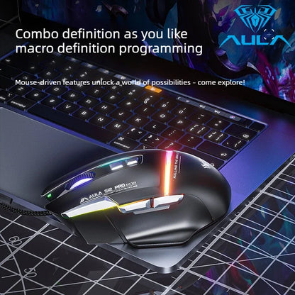 Akční nabídka AULA S12 Pro drátová herní myš 12800 DPI s RGB podsvícením, 8 programovatelnými tlačítky a ergonomickým designem pro PC a notebooky
