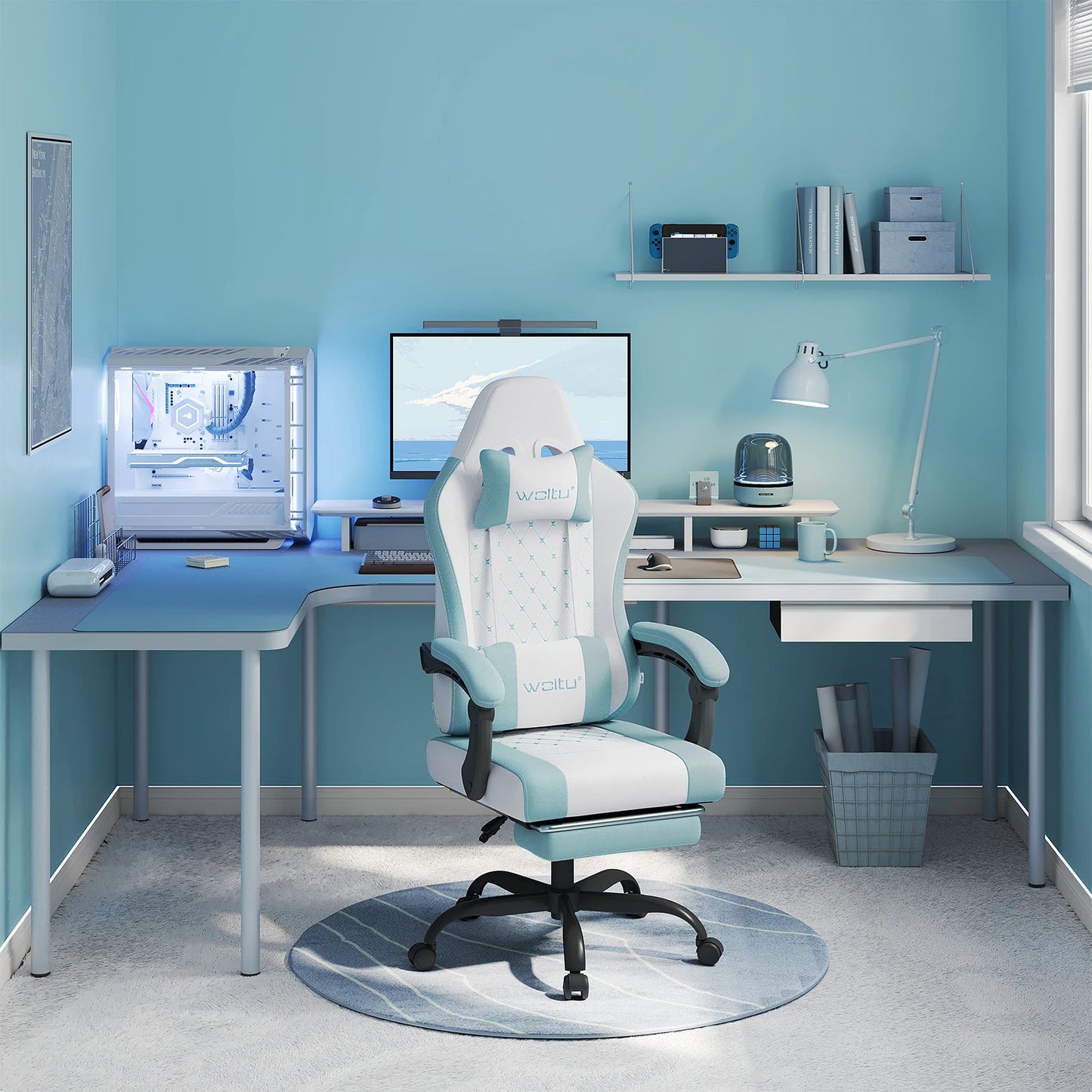 Fotel komputerowy obrotowy WOLTU z funkcją masażu, ergonomiczny fotel biurowy z poduszką i podnóżkiem, gamingowy fotel z regulacją wysokości