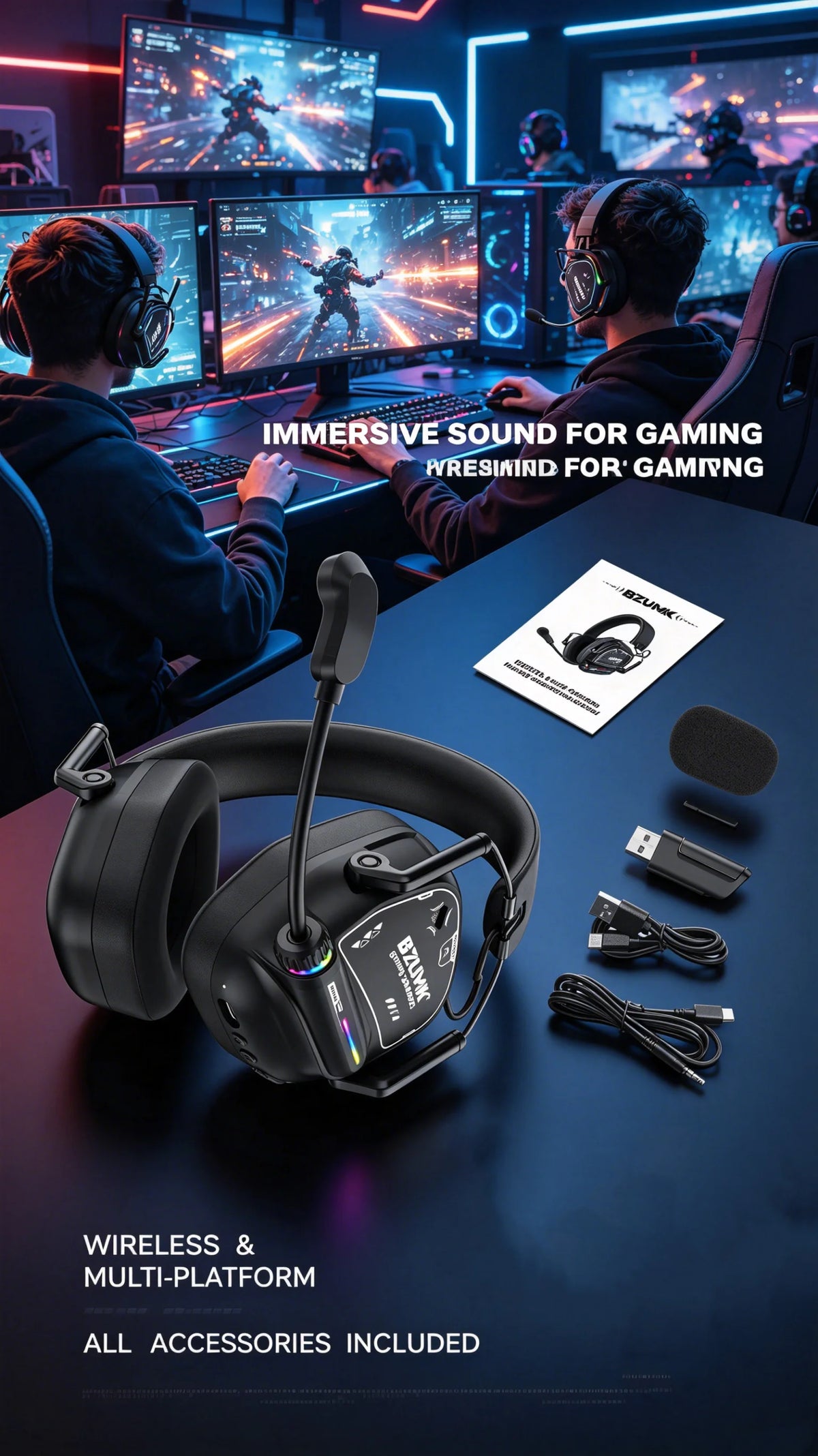Casque de jeu sans fil BZUMK, écouteurs circum-auraux Bluetooth à faible latence avec micro, basses profondes, 50 mm, RGB, pour PC, PS4, PS5, ordinateur portable, gamer