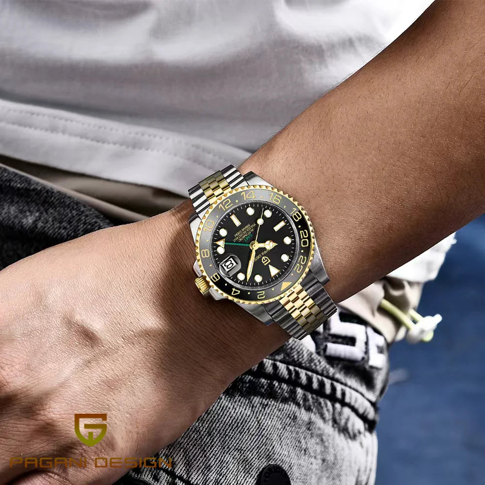 Mechanické pánske hodinky Pagani Design GMT – Luxusný model so zafírovým sklom, puzdrom z nehrdzavejúcej ocele a keramickou lunetou – Automatické pánske hodinky v profesionálnom štýle