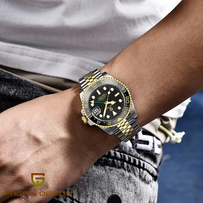 Mechanické pánske hodinky Pagani Design GMT – Luxusný model so zafírovým sklom, puzdrom z nehrdzavejúcej ocele a keramickou lunetou – Automatické pánske hodinky v profesionálnom štýle