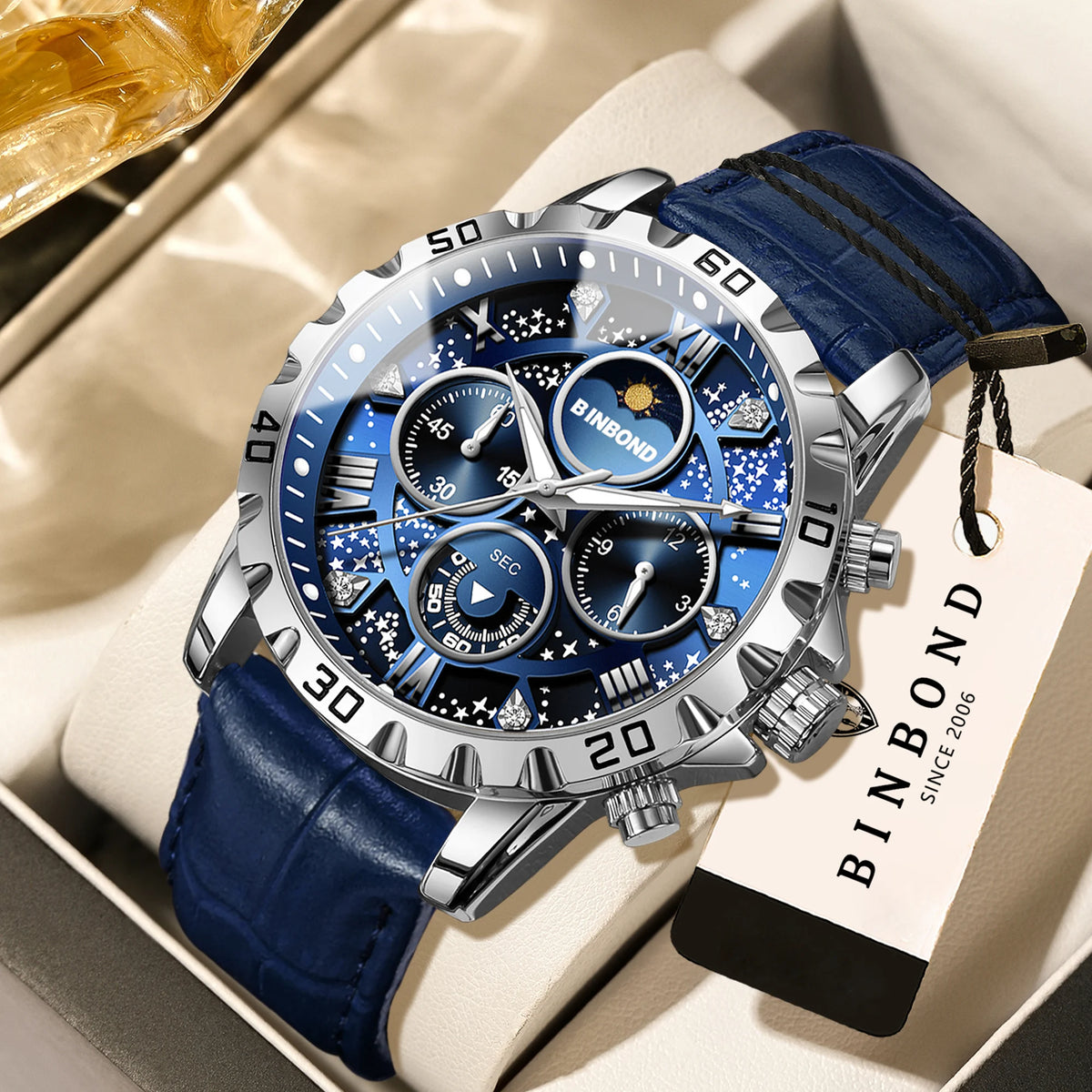 Orologio da polso al quarzo BINBOND, autentico e preciso, da uomo, cronografo di lusso illuminato e impermeabile con cinturino in pelle.