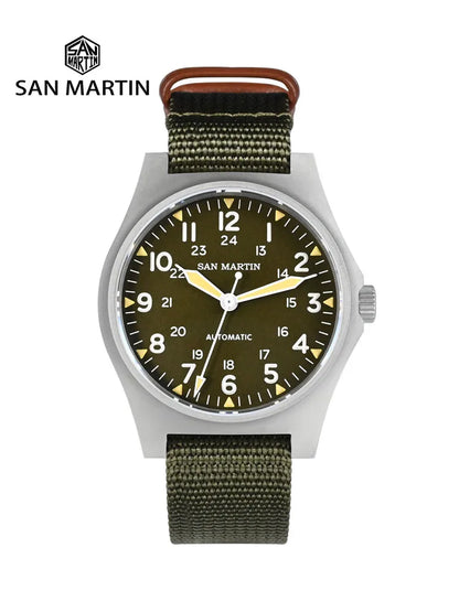 San Martin Pilot Watch 38mm NH35 Retro Military Automatic Mechanical Wristwatch Bead Blasted Case Waterproof 100m SN0137