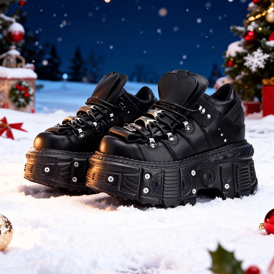 2026 New Punk Style Women Shoes Lace-up Heel Height 6CM Platform Shoes Woman Gothic Ankle Rock Boots Metal Decor Woman Sneakers