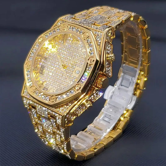 Gold Watches For Men Full Iced Diamond Men's Quartz Watch Luxury Fashion Calendar Wristwatch Dropshipping