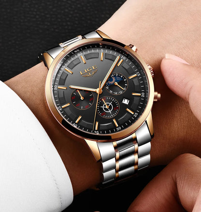 Montre pour homme LIGE – Chronographe à quartz de luxe, étanche (3 bars), avec aiguilles luminescentes – Idée cadeau (boîte incluse)
