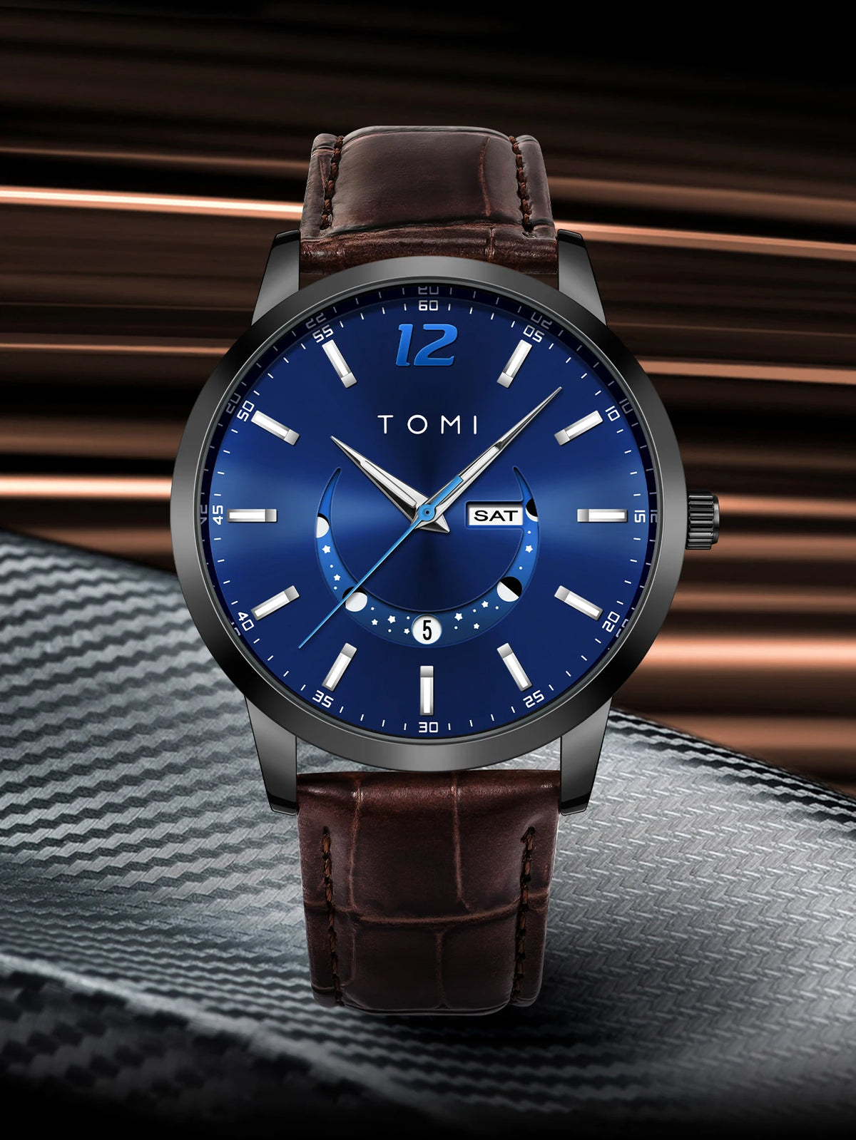Montre à quartz TOMI, style business et élégant, avec bracelet en cuir, boîtier en alliage et cadran à aiguilles – Design haut de gamme, idée cadeau pour homme