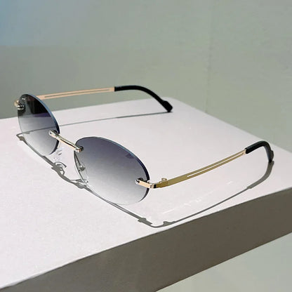 Rimless Oval Sunglasses Women 2026 Luxury Brand Vintage Small Frame Gold Metal Gradient Lens Y2K Punk Streetwear Fashion Eyewear