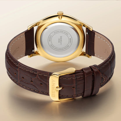 BERNY Luxury Watches for Men Classic Elegance Slim Dress Gold Quartz Men's Watch Leather Strap Fashion Business Wristwatch
