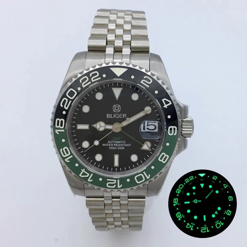 BLIGER 40mm NH34 GMT Watch For Men Mechanical Wristwatch Luminous Bezel Sapphire Glass Stainless Steel Bracelet Reloj Hombre