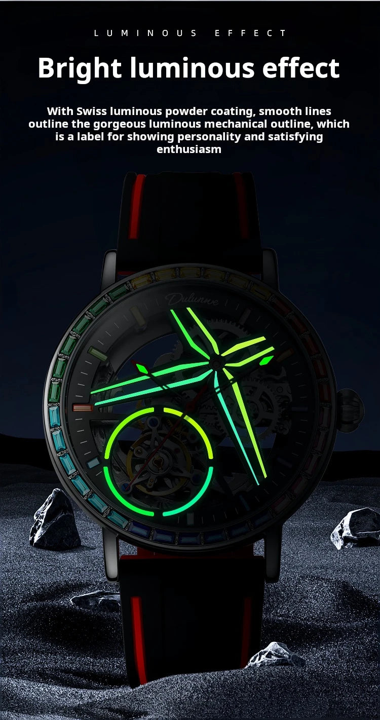 Rainbow Colored Gemstone Tourbillon Fashion Skeleton Watch Men Waterproof 30M Sports Watches Luxury Automatic Mechanical Clock