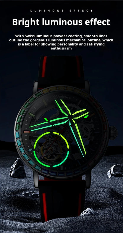 Rainbow Colored Gemstone Tourbillon Fashion Skeleton Watch Men Waterproof 30M Sports Watches Luxury Automatic Mechanical Clock